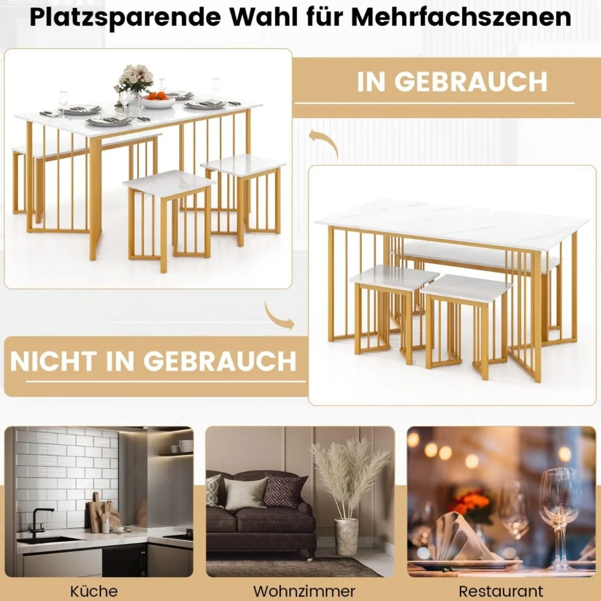 4-teilige Esszimmergruppe mit 2 Stühlen & Tisch & Bank Moderne Marmor Esstisch Set Weiß + Golden
