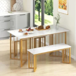 4-teilige Esszimmergruppe mit 2 Stühlen & Tisch & Bank Moderne Marmor Esstisch Set Weiß + Golden