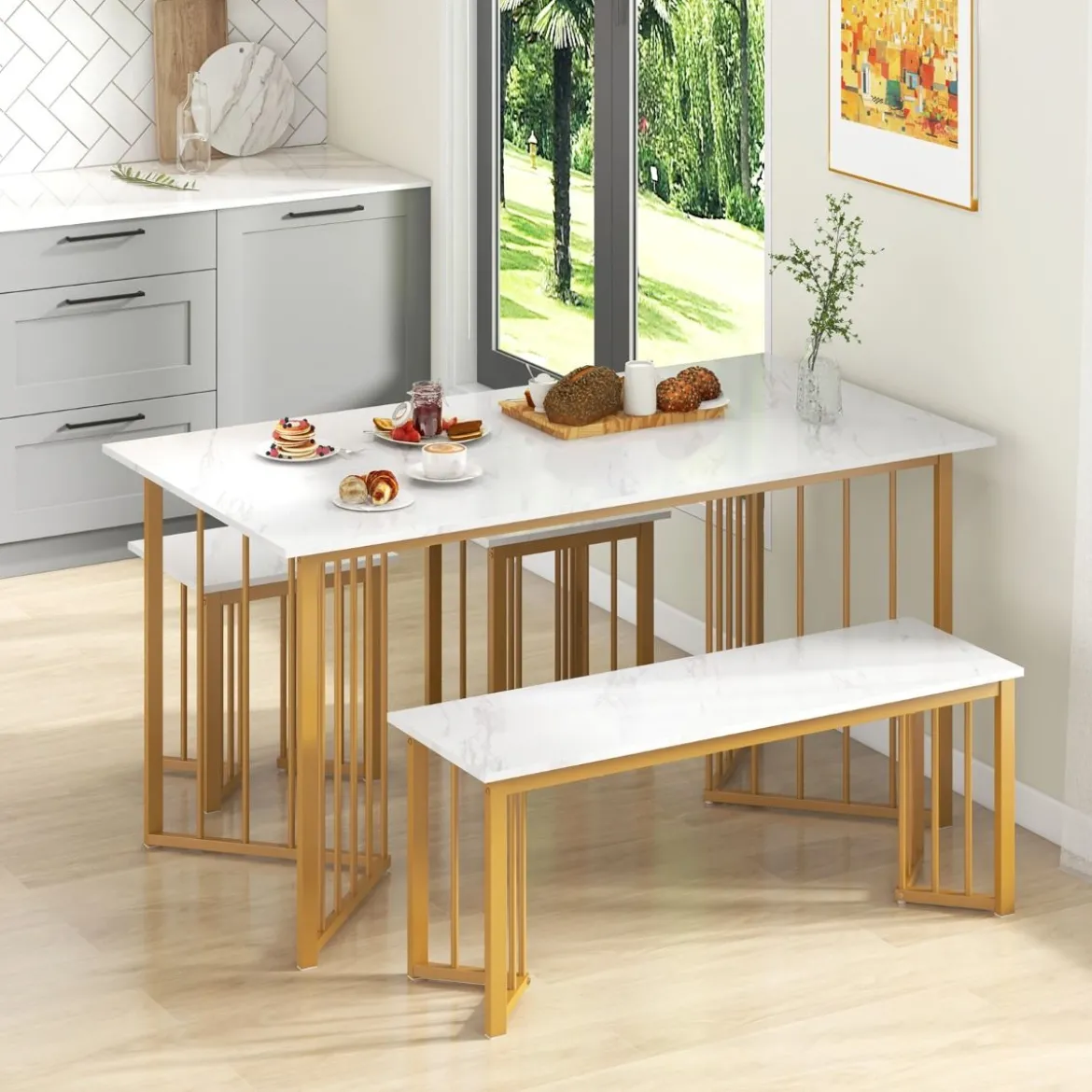 4-teilige Esszimmergruppe mit 2 Stühlen & Tisch & Bank Moderne Marmor Esstisch Set Weiß + Golden