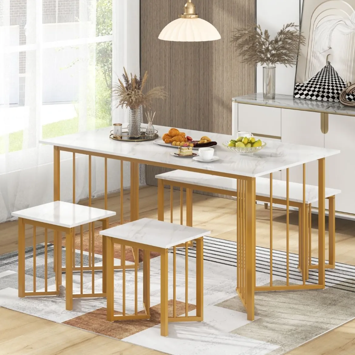 4-teilige Esszimmergruppe mit 2 Stühlen & Tisch & Bank Moderne Marmor Esstisch Set Weiß + Golden