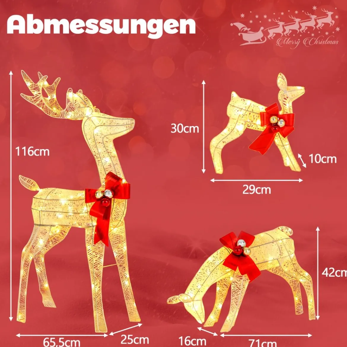 3-teilige LED Rentier Familie mit 230 LED-Lichtern Beleuchtetes Rentier Weihnachtsfigur