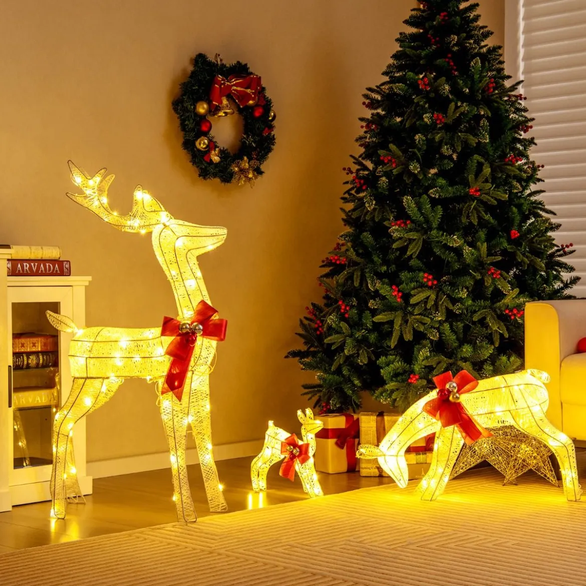 3-teilige LED Rentier Familie mit 230 LED-Lichtern Beleuchtetes Rentier Weihnachtsfigur