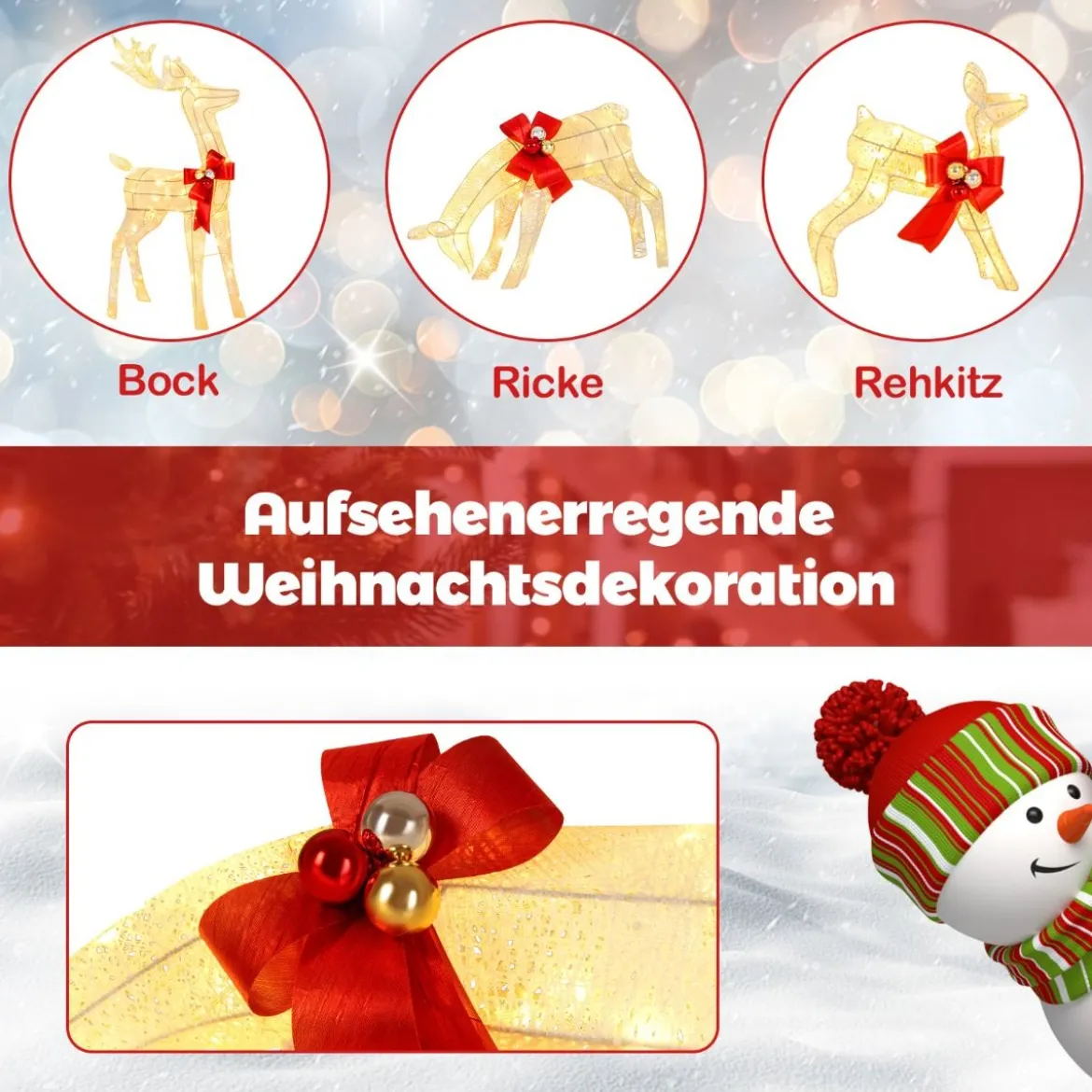 3-teilige LED Rentier Familie mit 230 LED-Lichtern Beleuchtetes Rentier Weihnachtsfigur