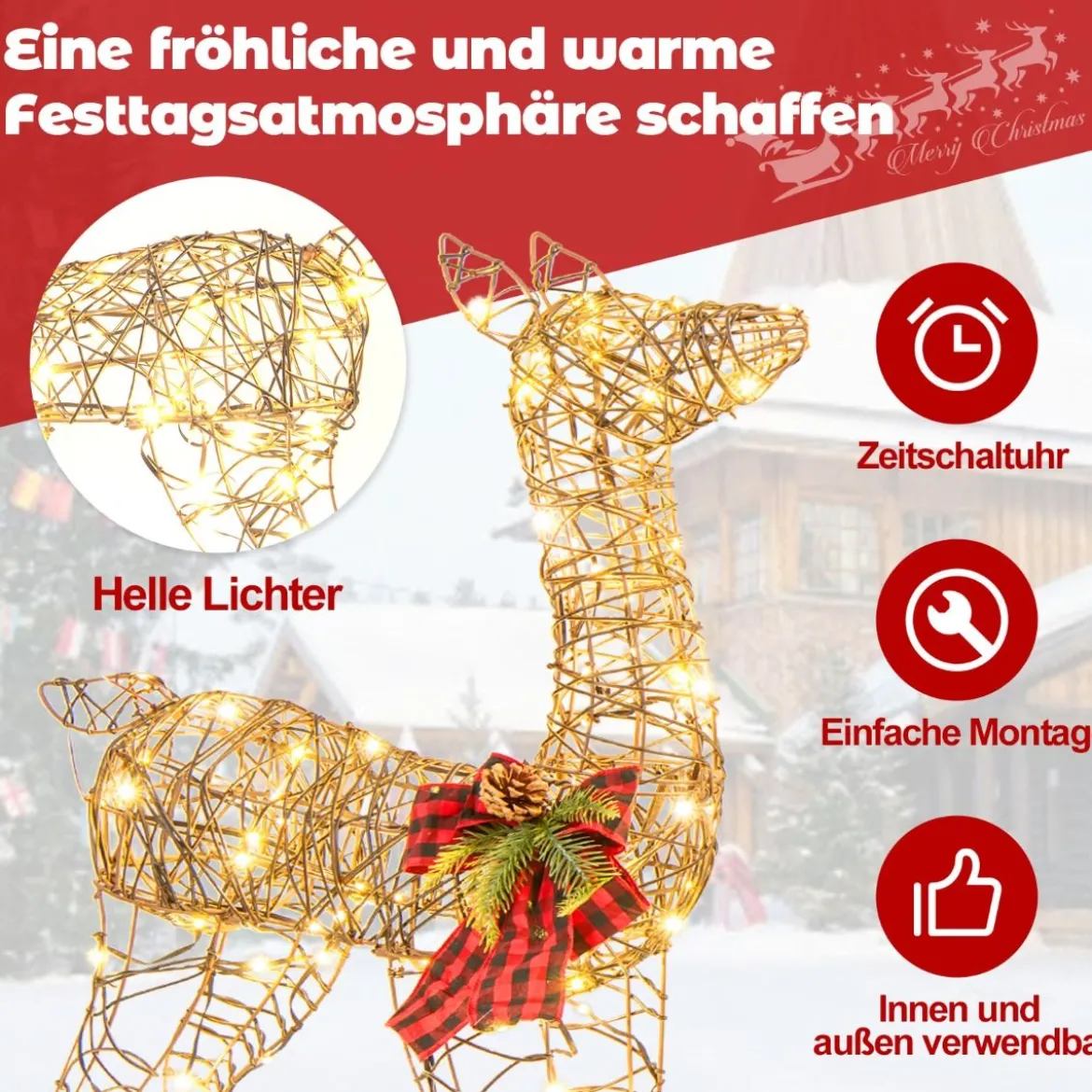 2-teilige LED Rentier Familie mit 200 LED-Lichtern Weihnachtsdeko Beleuchtetes Rentier