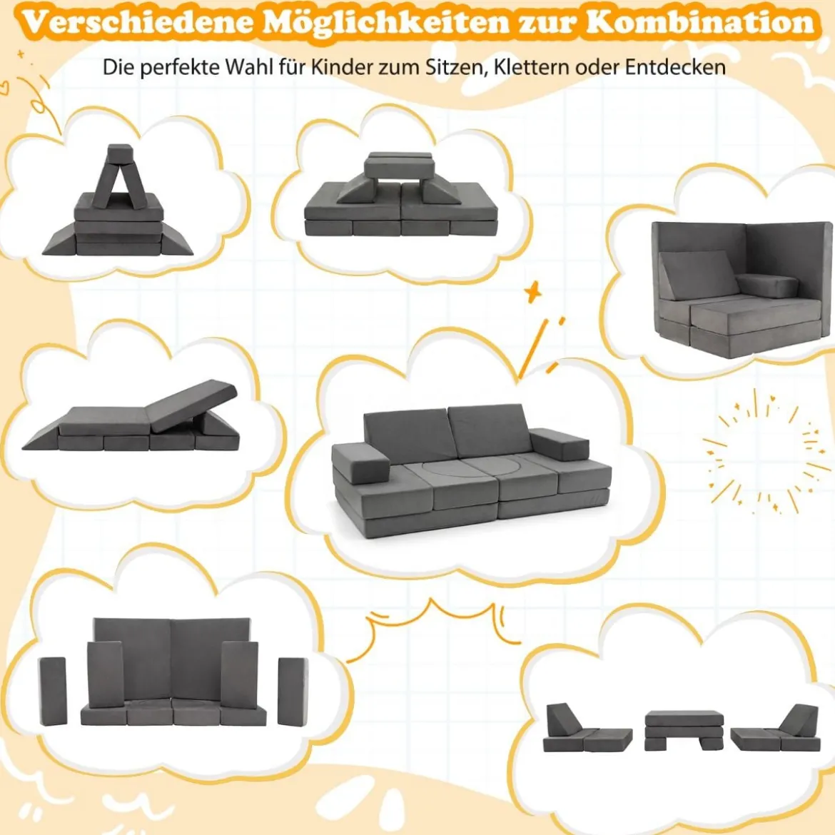 12-teilige modulares Kindersofa umwandelbares Spielsofa mit maschinenwaschbaren Bezügen Dunkelgrau
