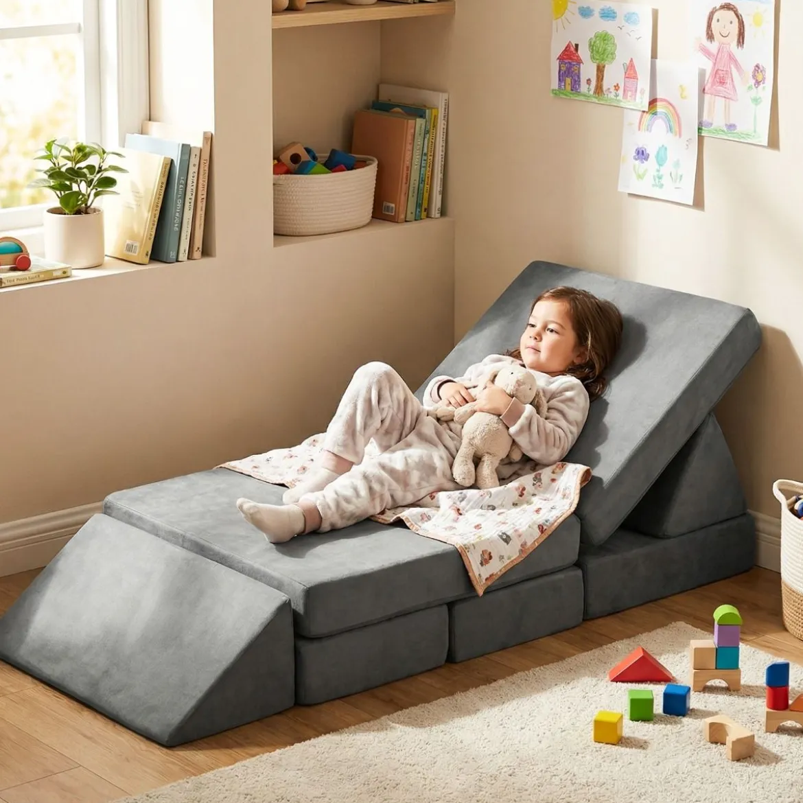 12-teilige modulares Kindersofa umwandelbares Spielsofa mit maschinenwaschbaren Bezügen Dunkelgrau