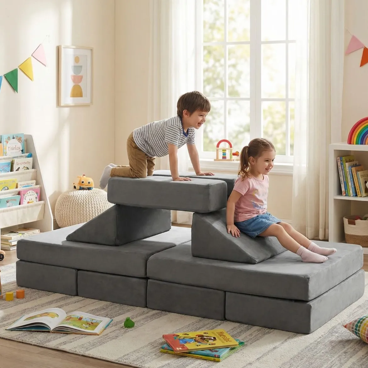 12-teilige modulares Kindersofa umwandelbares Spielsofa mit maschinenwaschbaren Bezügen Dunkelgrau