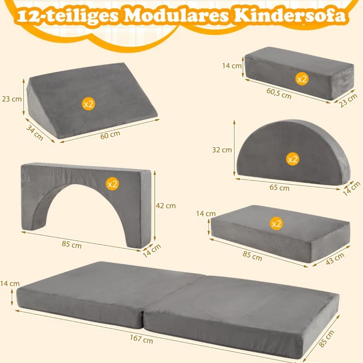 12-teilige modulares Kindersofa umwandelbares Spielsofa mit maschinenwaschbaren Bezügen Dunkelgrau