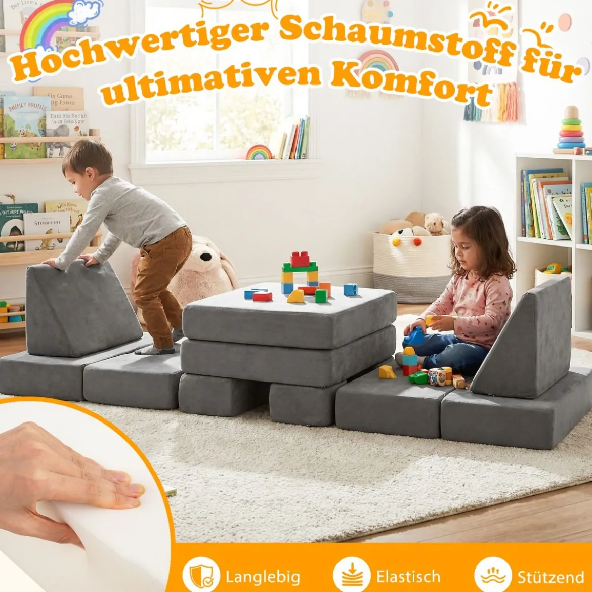 12-teilige modulares Kindersofa umwandelbares Spielsofa mit maschinenwaschbaren Bezügen Dunkelgrau