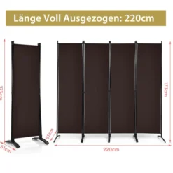 4-teiliger 173 cm Hoher Raumteiler Tragbare Trennwand mit Stahlrahmen Braun