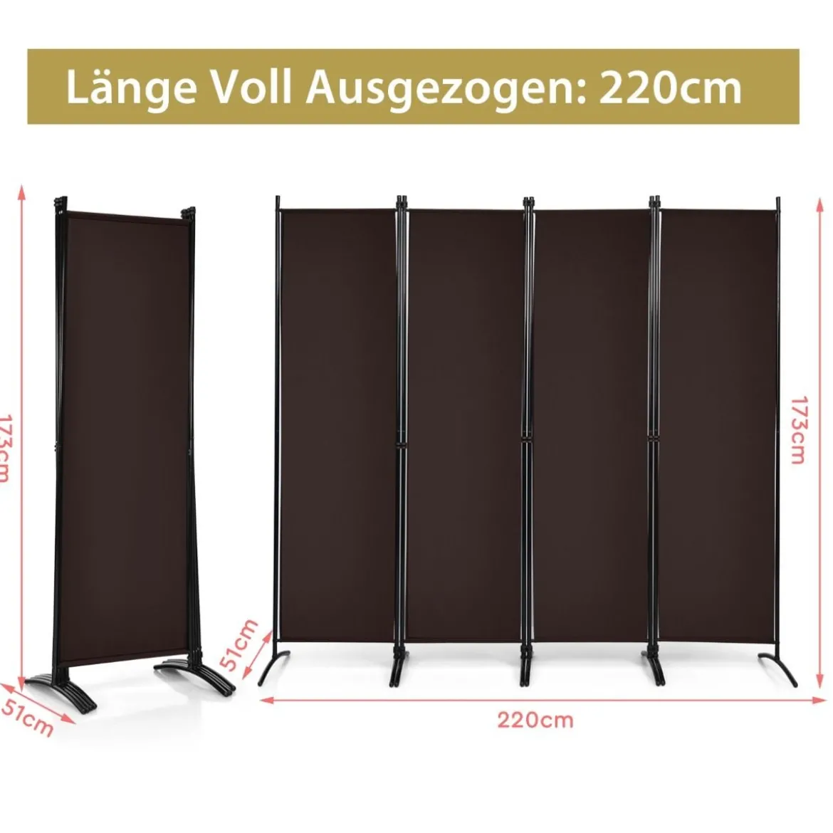 4-teiliger 173 cm Hoher Raumteiler Tragbare Trennwand mit Stahlrahmen Braun