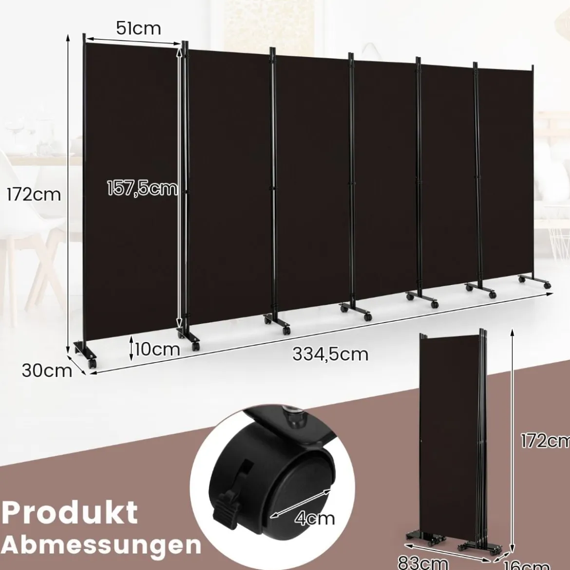 6-Teiliger Faltbarer Raumteiler 172 cm Hoher Sichtschutz mit Feststellbaren Rädern Braun