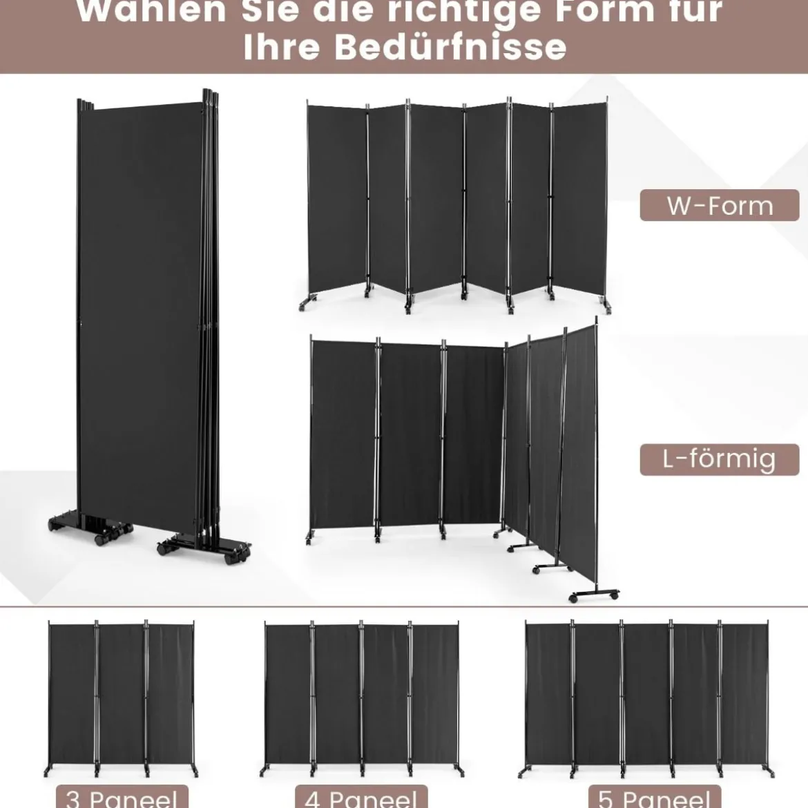 6-Teiliger Faltbarer Raumteiler 172 cm Hoher Sichtschutz mit Feststellbaren Rädern Grau