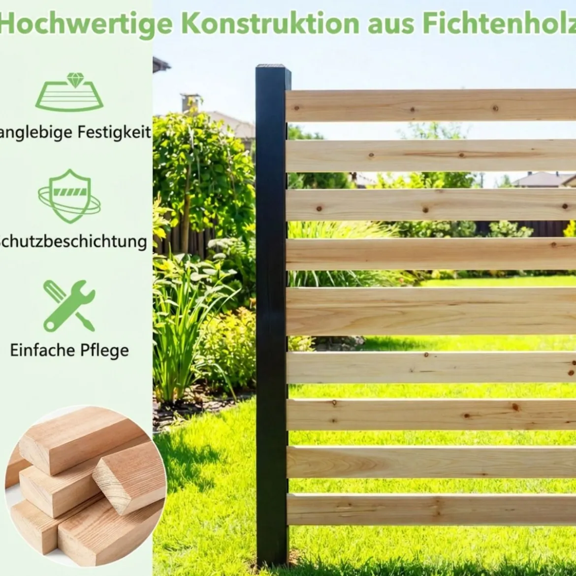 2-teiliger Gartenzaun mit Holzpfählen Sichtschutzzaun Dekorativer Steckzaun Natur
