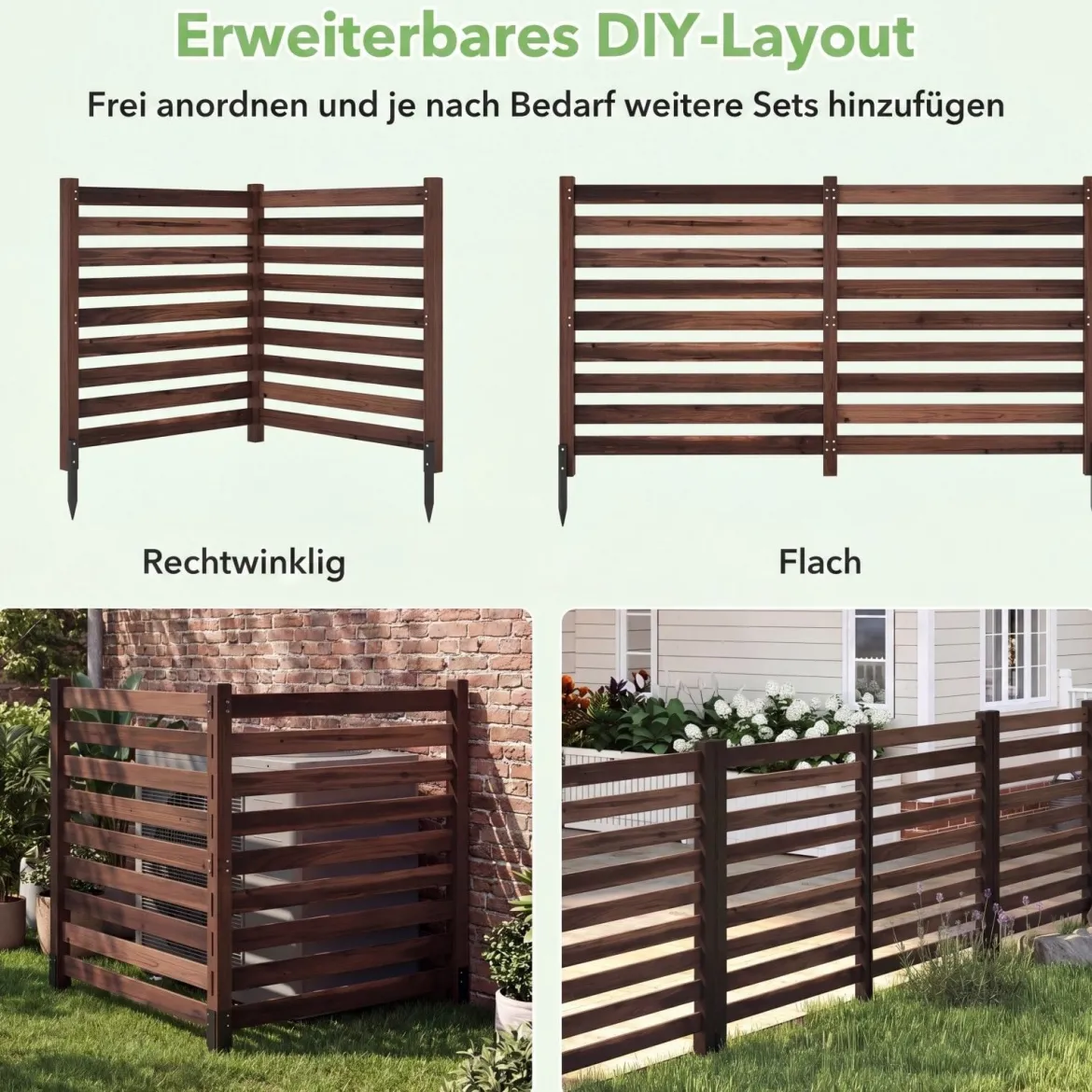 4-teiliger Gartenzaun mit Holzpfählen Sichtschutzzaun Dekorativer Steckzaun Braun