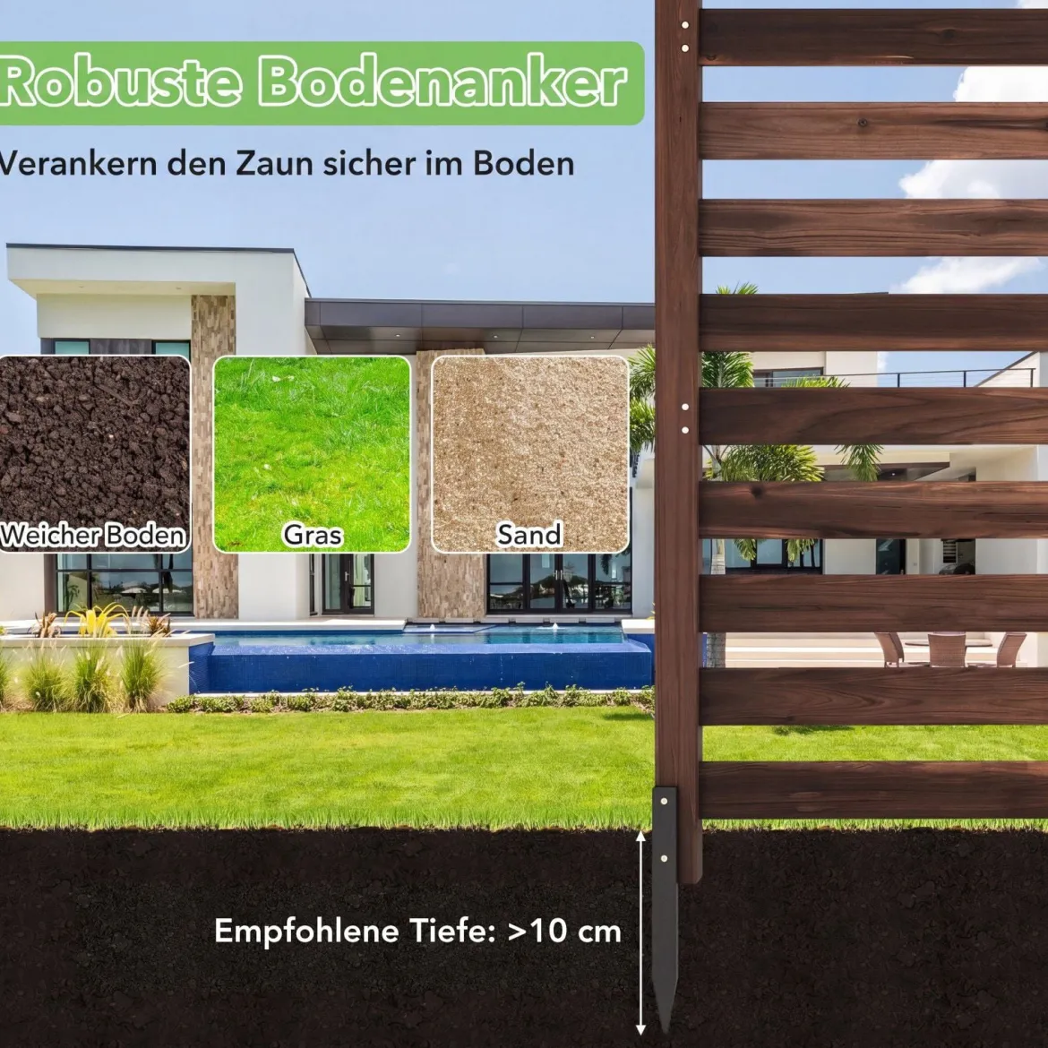 4-teiliger Gartenzaun mit Holzpfählen Sichtschutzzaun Dekorativer Steckzaun Braun