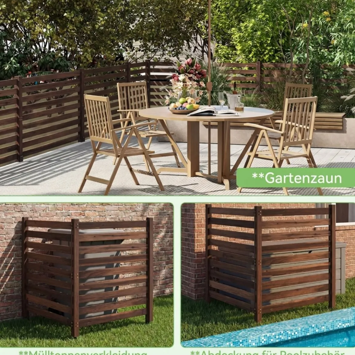 2-teiliger Gartenzaun mit Holzpfählen Sichtschutzzaun Dekorativer Steckzaun Braun