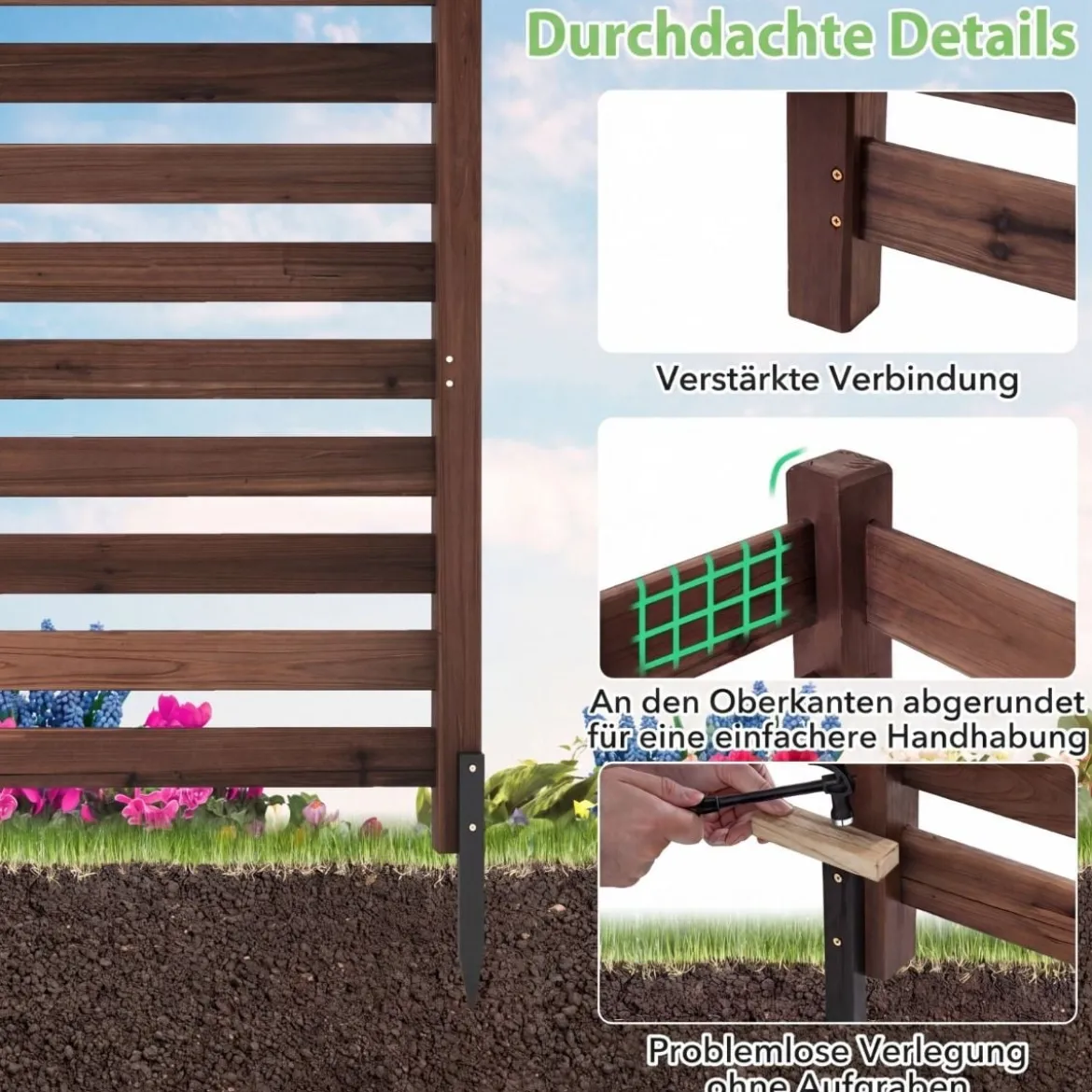 2-teiliger Gartenzaun mit Holzpfählen Sichtschutzzaun Dekorativer Steckzaun Braun
