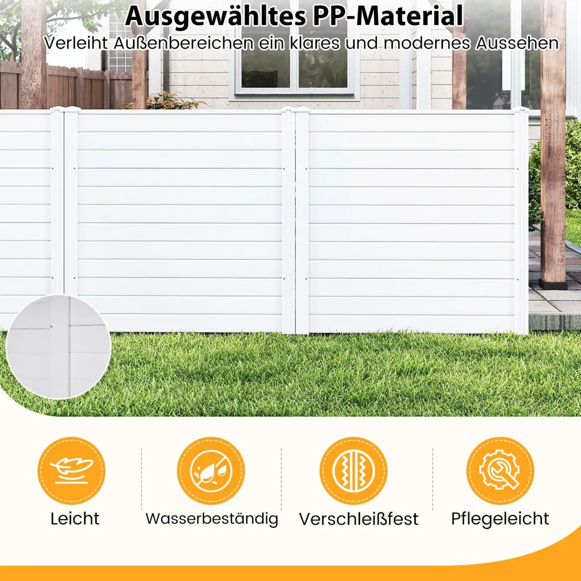 4-teiliger Gartenzaun mit Pfosten aus Verzinkte Metall & Schutzkappen Dekorativer Sichtschutzzaun Weiß