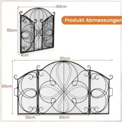 3-teiliger klappbarer Funkenschutz mit Blumenmuster dekorative Kaminbarriere aus Drahtgeflecht robuster 151 x 83 cm