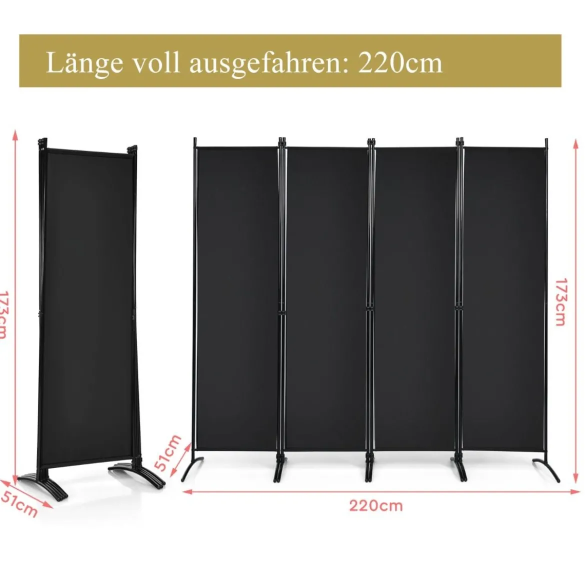 4-teiliger Klappbarer Trennwand Sichtschutz für Zuhause, Büro 220 x 51 x 173 cm Schwarz
