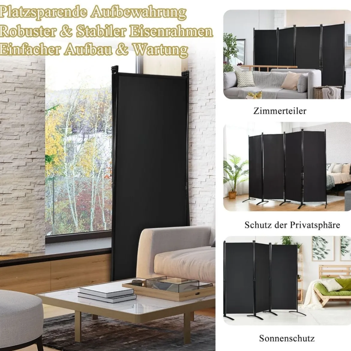4-teiliger Klappbarer Trennwand Sichtschutz für Zuhause, Büro 220 x 51 x 173 cm Schwarz
