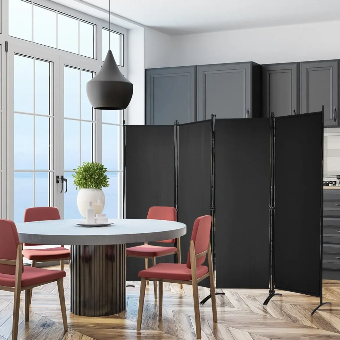 4-teiliger Klappbarer Trennwand Sichtschutz für Zuhause, Büro 220 x 51 x 173 cm Schwarz