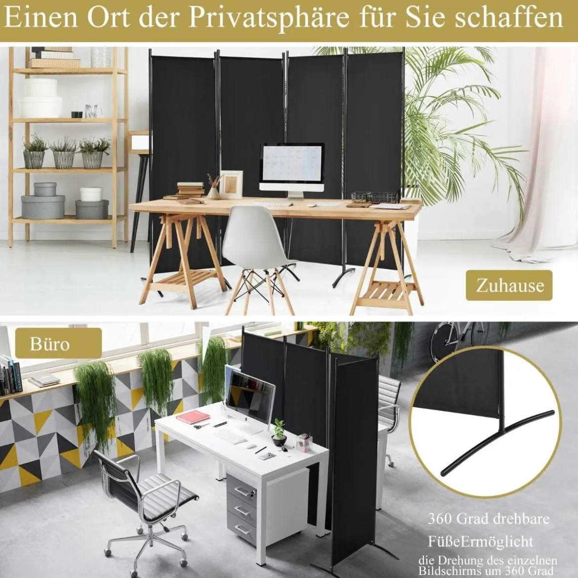 4-teiliger Klappbarer Trennwand Sichtschutz für Zuhause, Büro 220 x 51 x 173 cm Schwarz