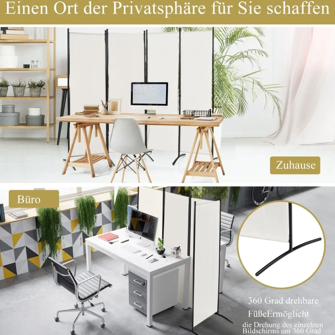 4-teiliger Klappbarer Trennwand Sichtschutz für Zuhause Büro 220 x 51 x 173 cm Weiß