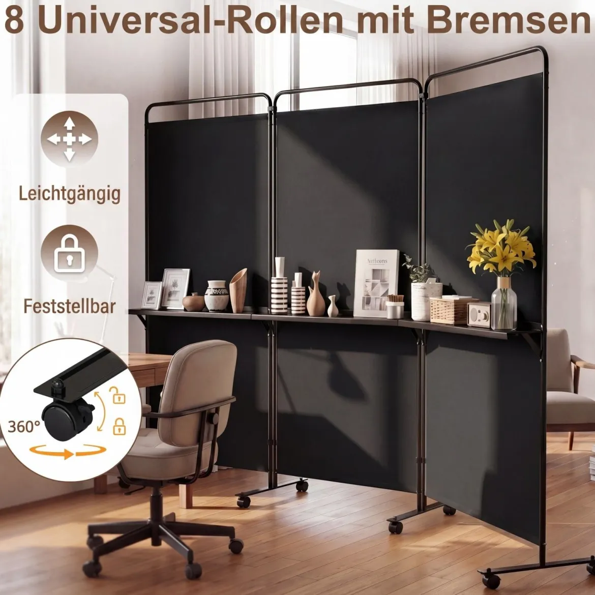 3-teiliger Raumteiler auf Rollen Faltbarer Paravent Sichtschutzwand mit 3 Regalböden Weiß/Schwarz/Grau