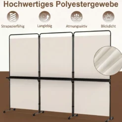 3-teiliger Raumteiler auf Rollen Faltbarer Paravent Sichtschutzwand mit 3 Regalböden Weiß/Schwarz/Grau
