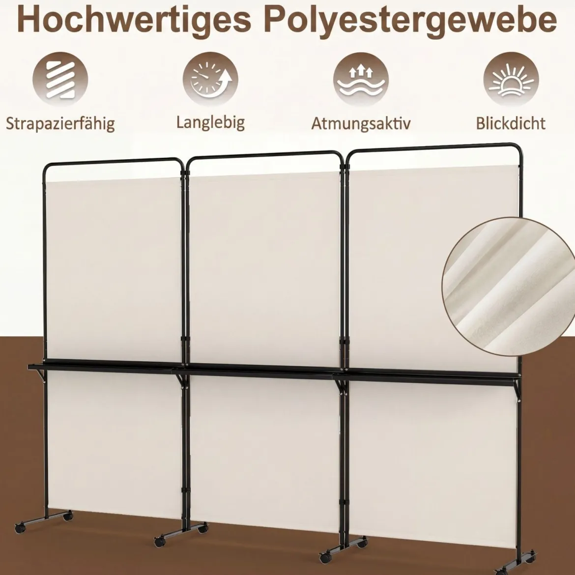 3-teiliger Raumteiler auf Rollen Faltbarer Paravent Sichtschutzwand mit 3 Regalböden Weiß/Schwarz/Grau