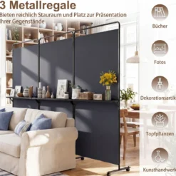 3-teiliger Raumteiler auf Rollen Faltbarer Paravent Sichtschutzwand mit 3 Regalböden Weiß/Schwarz/Grau