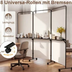 3-teiliger Raumteiler auf Rollen Faltbarer Paravent Sichtschutzwand mit 3 Regalböden Weiß/Schwarz/Grau