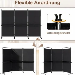 3-teiliger Raumteiler auf Rollen Faltbarer Paravent Sichtschutzwand mit 3 Regalböden Weiß/Schwarz/Grau
