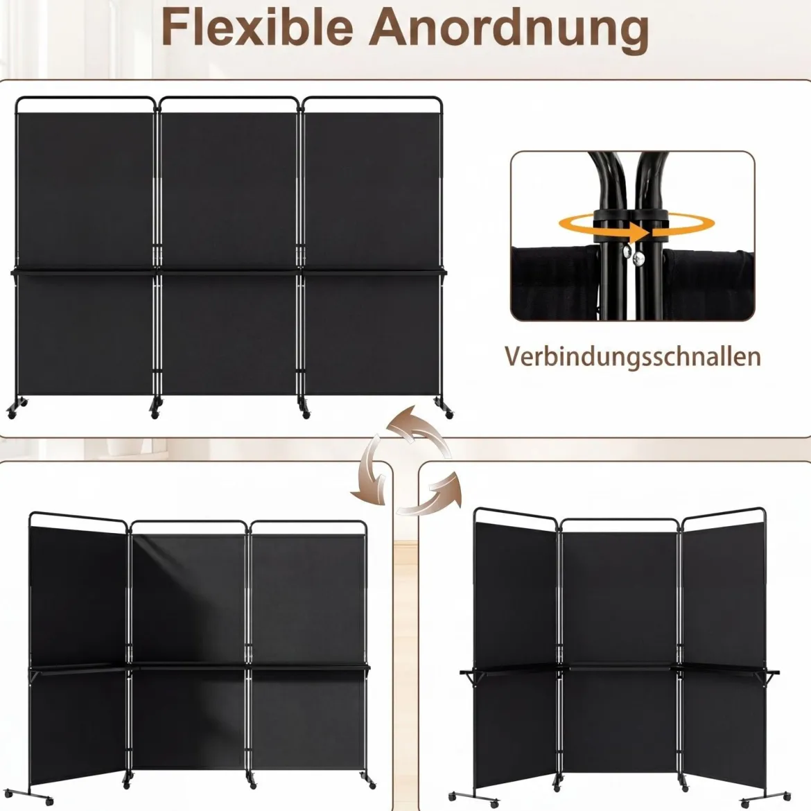 3-teiliger Raumteiler auf Rollen Faltbarer Paravent Sichtschutzwand mit 3 Regalböden Weiß/Schwarz/Grau