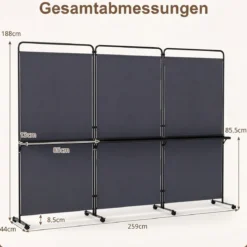 3-teiliger Raumteiler auf Rollen Faltbarer Paravent Sichtschutzwand mit 3 Regalböden Weiß/Schwarz/Grau