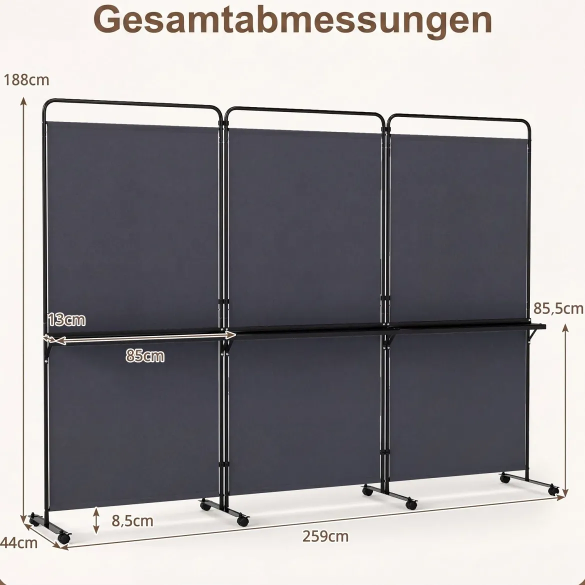 3-teiliger Raumteiler auf Rollen Faltbarer Paravent Sichtschutzwand mit 3 Regalböden Weiß/Schwarz/Grau
