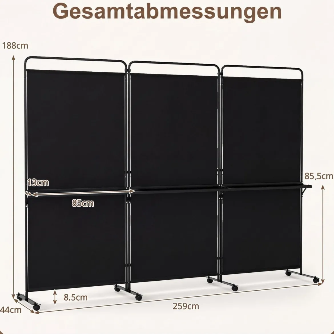 3-teiliger Raumteiler auf Rollen Faltbarer Paravent Sichtschutzwand mit 3 Regalböden Weiß/Schwarz/Grau