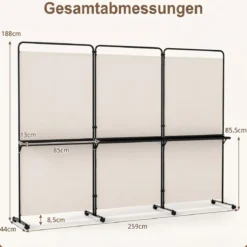 3-teiliger Raumteiler auf Rollen Faltbarer Paravent Sichtschutzwand mit 3 Regalböden Weiß/Schwarz/Grau