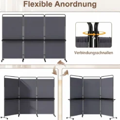 3-teiliger Raumteiler auf Rollen Faltbarer Paravent Sichtschutzwand mit 3 Regalböden Weiß/Schwarz/Grau