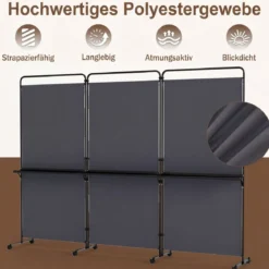 3-teiliger Raumteiler auf Rollen Faltbarer Paravent Sichtschutzwand mit 3 Regalböden Weiß/Schwarz/Grau
