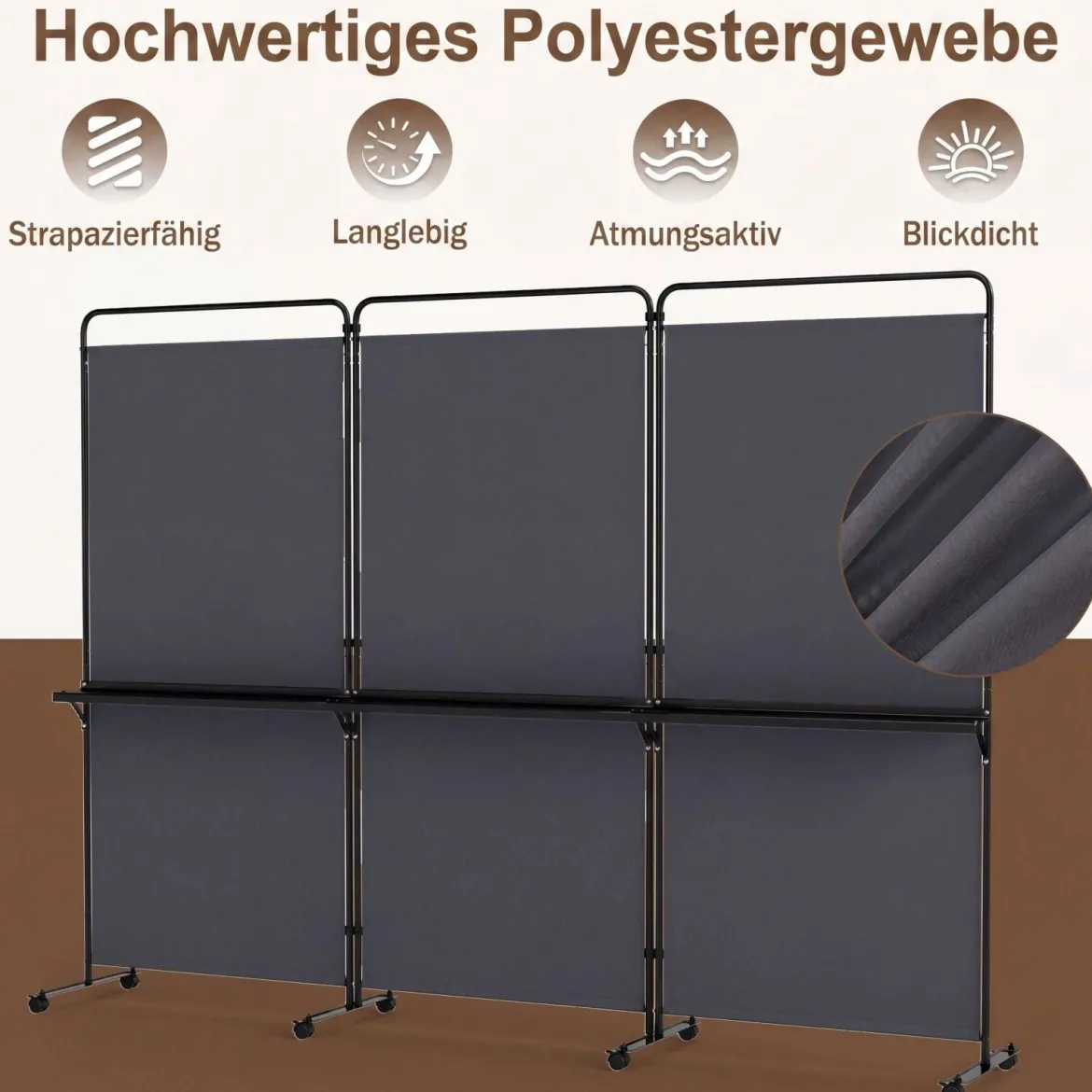 3-teiliger Raumteiler auf Rollen Faltbarer Paravent Sichtschutzwand mit 3 Regalböden Weiß/Schwarz/Grau