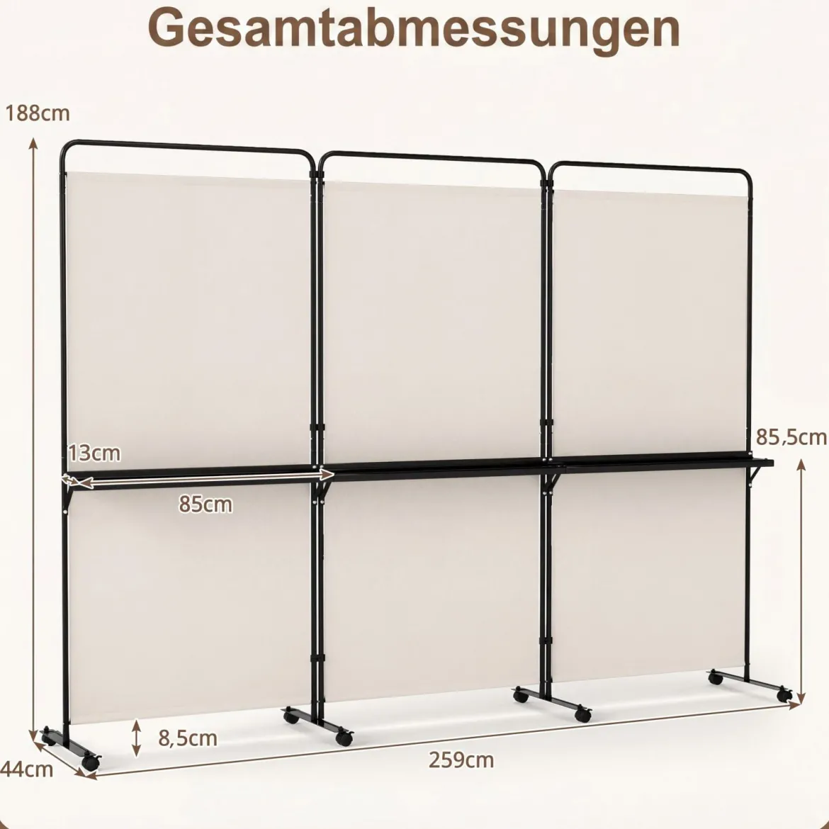 3-teiliger Raumteiler auf Rollen Faltbarer Paravent Sichtschutzwand mit 3 Regalböden Weiß/Schwarz/Grau