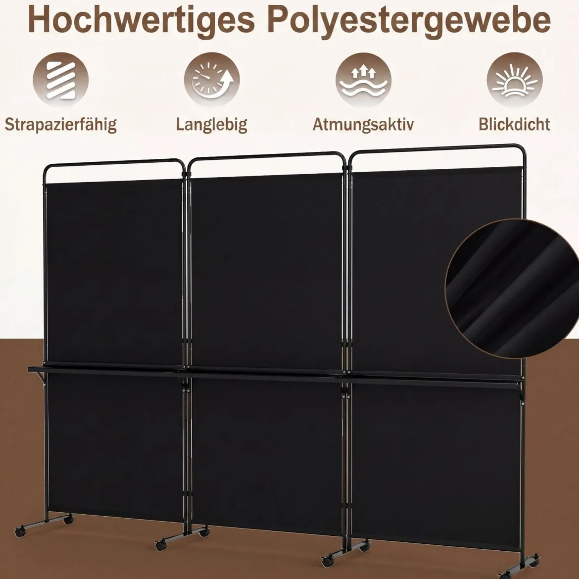 3-teiliger Raumteiler auf Rollen Faltbarer Paravent Sichtschutzwand mit 3 Regalböden Weiß/Schwarz/Grau