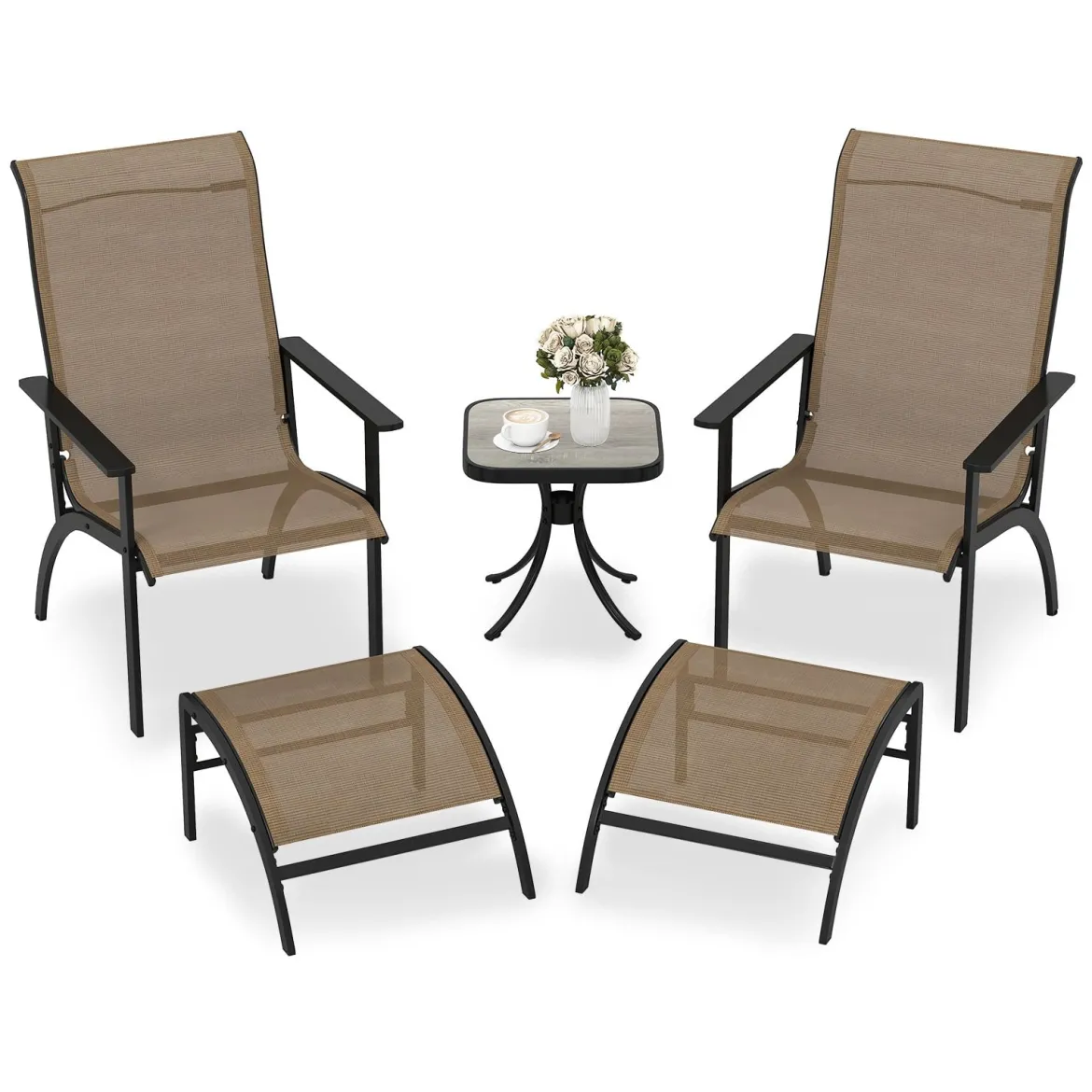 5-teiliges Balkonmöbel Set Gartenmöbel Balkonset inkl. 2 Stühle mit Hocker & Tisch Sitzgruppe für Garten