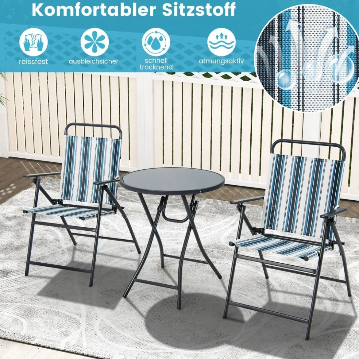 3-teiliges Balkonset Bistrotisch mit 2 Klappstühle Sitzgarnitur mit Robustem Metallgestell