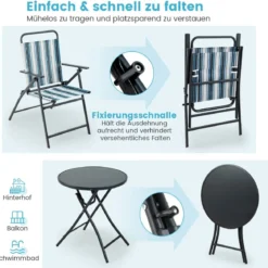 3-teiliges Balkonset Bistrotisch mit 2 Klappstühle Sitzgarnitur mit Robustem Metallgestell