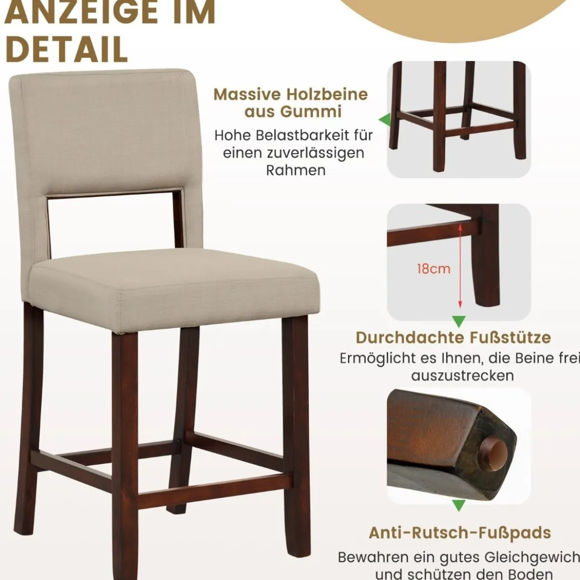 2-Teiliges Barstuhl-Set Leinen-Barhocker mit Ausgehöhlter Rückenlehne 48 x 52 x 98 cm Beige und Braun