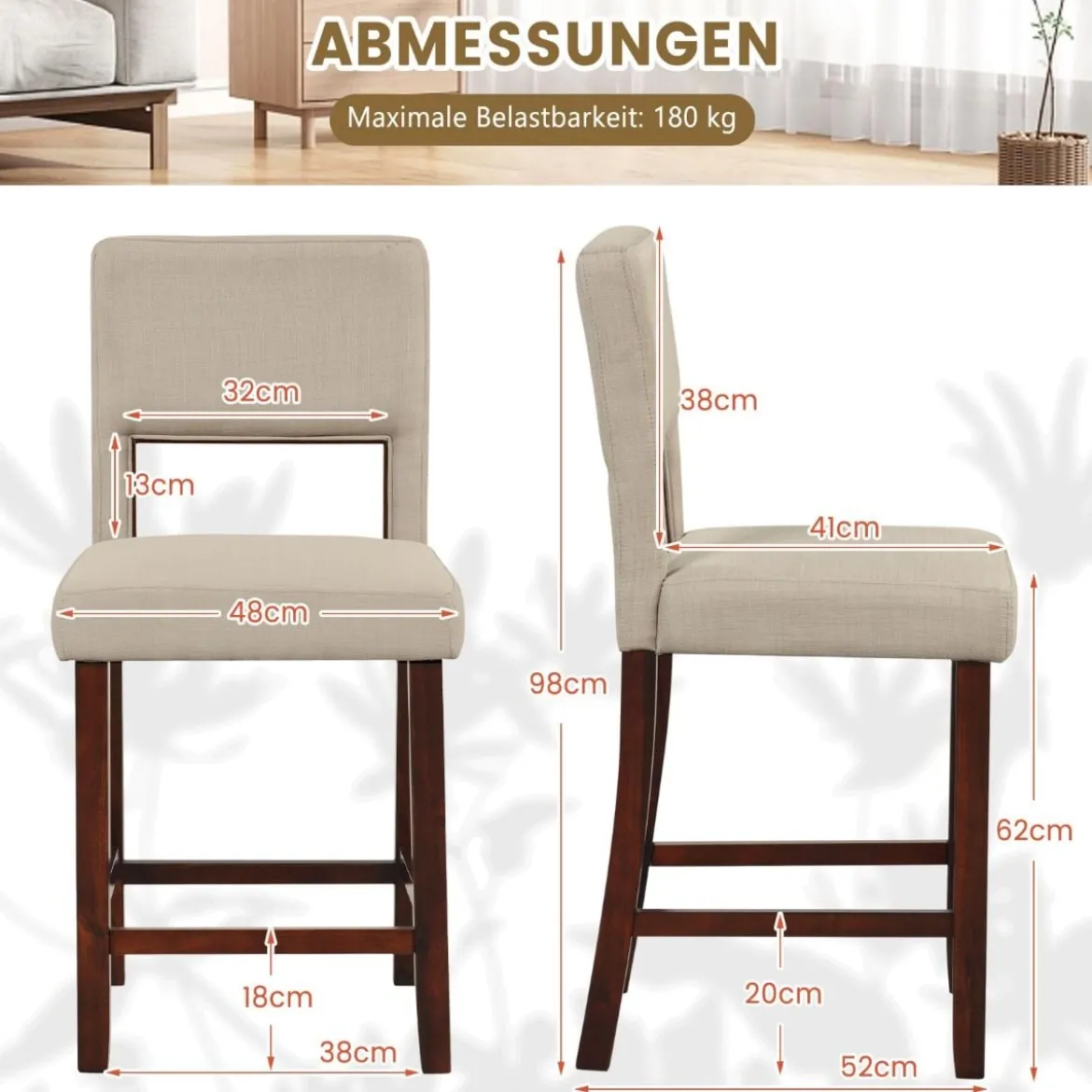 2-Teiliges Barstuhl-Set Leinen-Barhocker mit Ausgehöhlter Rückenlehne 48 x 52 x 98 cm Beige und Braun
